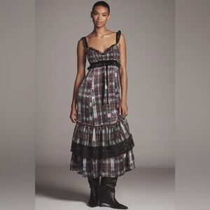 Anthropologie V-Neck Lace-Trim Midi Dress